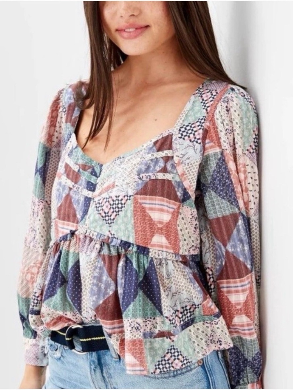 American Eagle Women’s Patchwork Peasant Peplum Blouse Pink, Green, Blue Size L